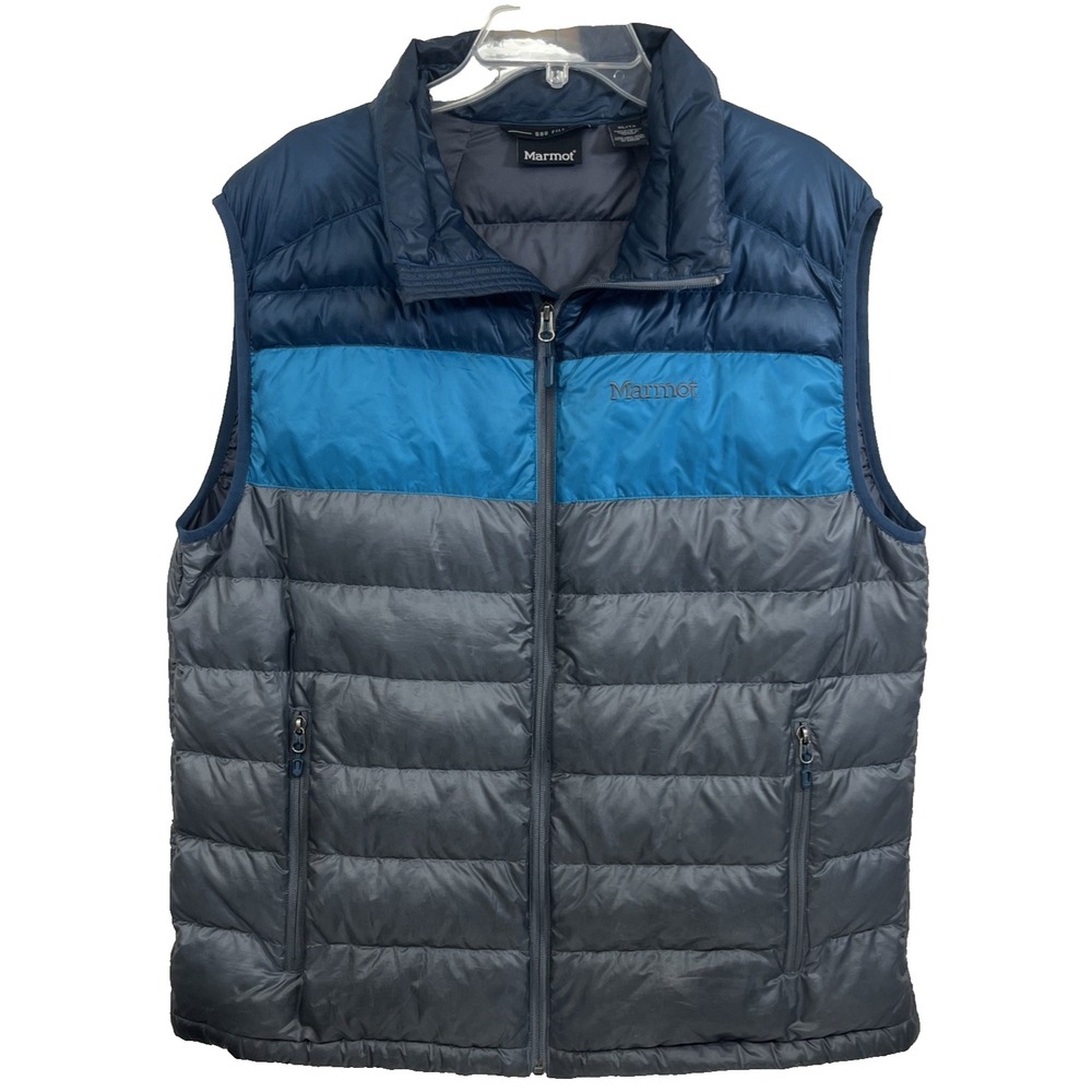 Marmot Men's Puffer Vest 600 Fill Down Gray Blue Size XL Full Zip Pockets